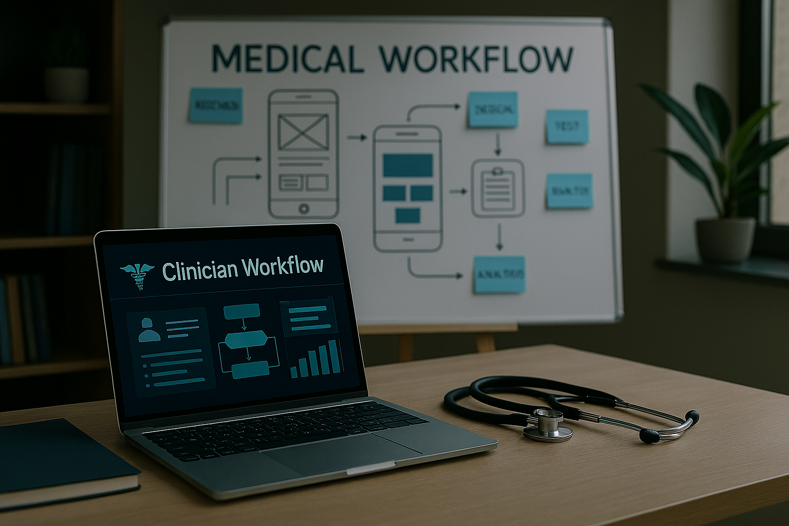 Laptop displaying “Clinician Workflow” dashboard on a desk with a stethoscope, in front of a whiteboard labeled “Medical Workflow” showing a flowchart of medical processes.