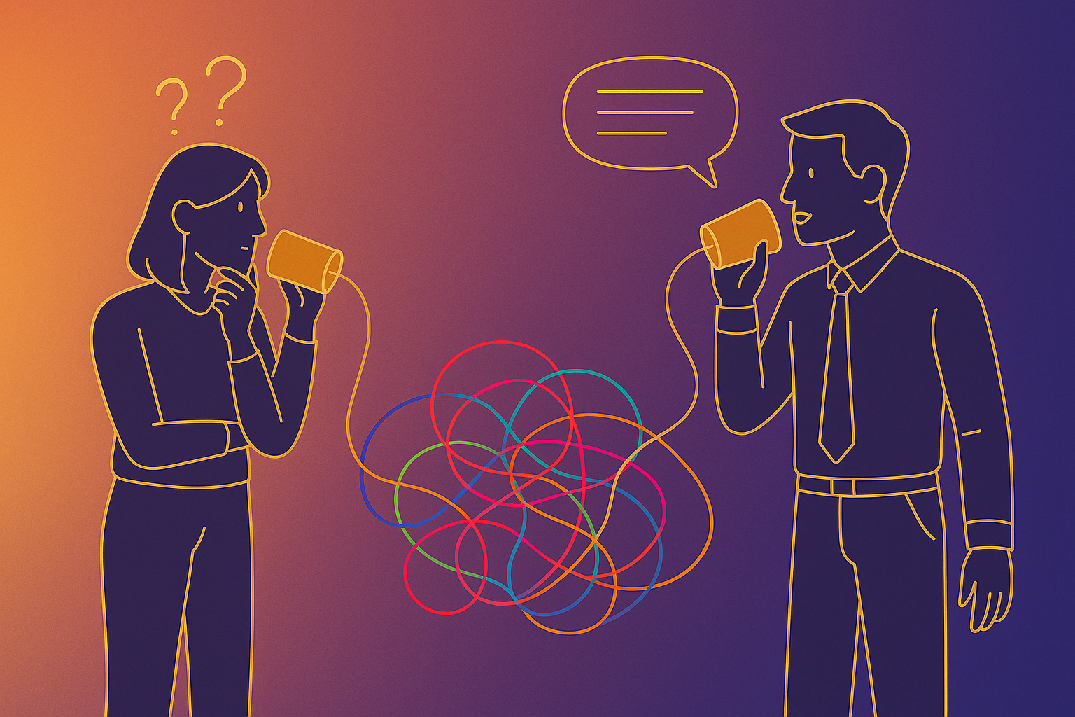 The image shows a stylized illustration of a man and woman communicating through tin can telephones, with tangled string between them. The woman looks confused with question marks above her head, while the man is speaking. The background is a gradient of orange and purple.