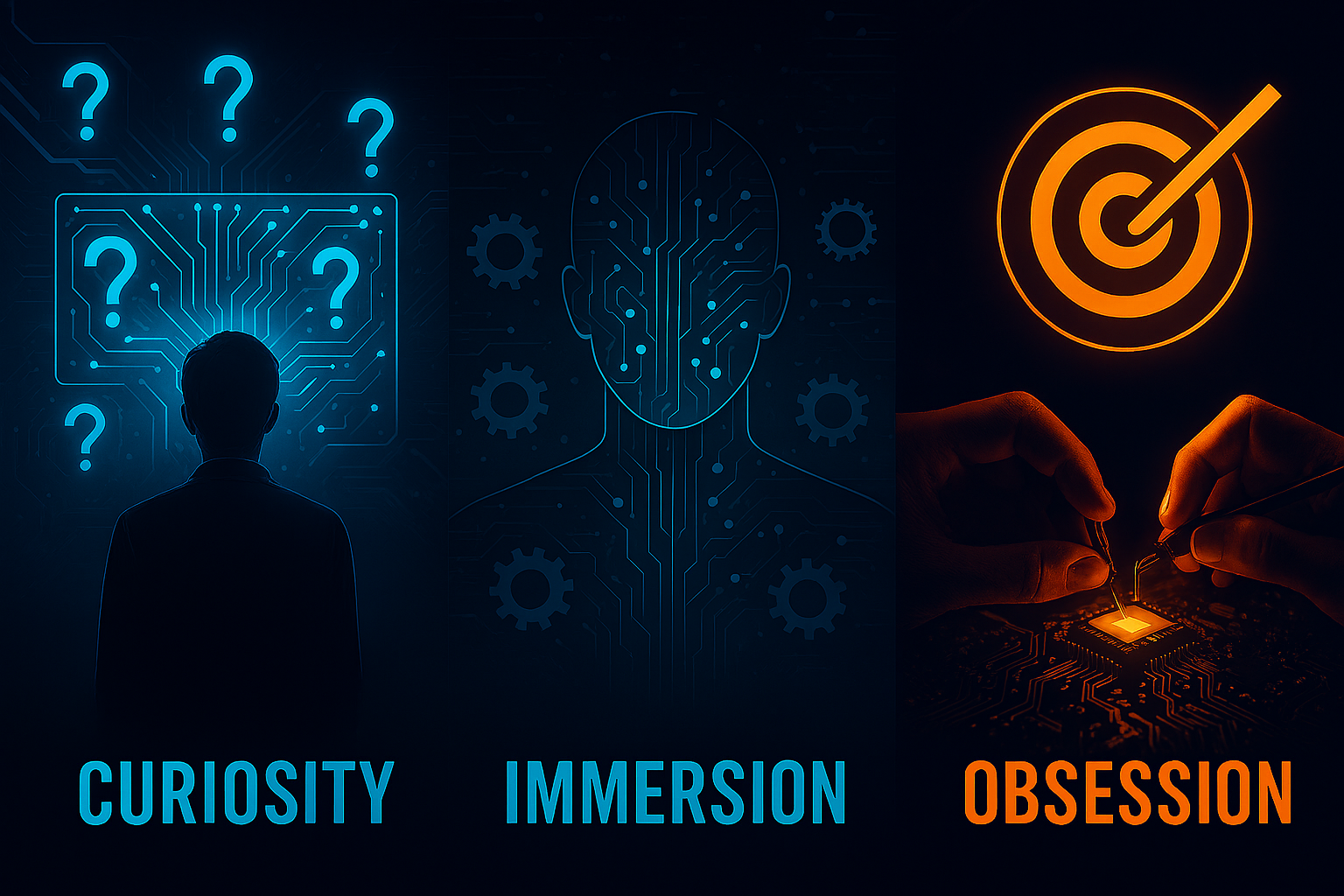 Three illustrated sections labeled Curiosity, Immersion, and Obsession, each depicting a different AI mindset