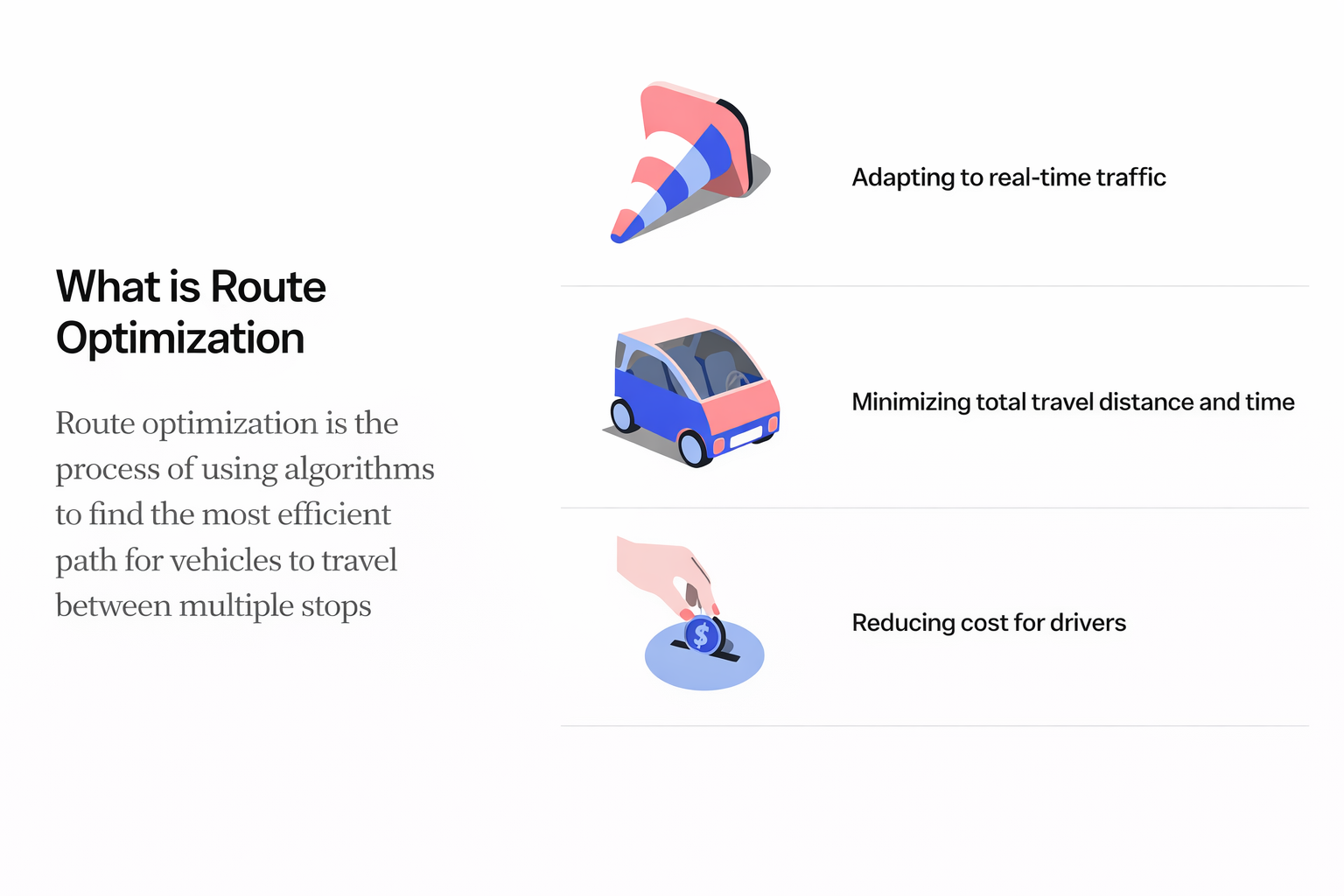 “Route optimization overview showing efficiency, real-time traffic adaptation, and cost reduction.”