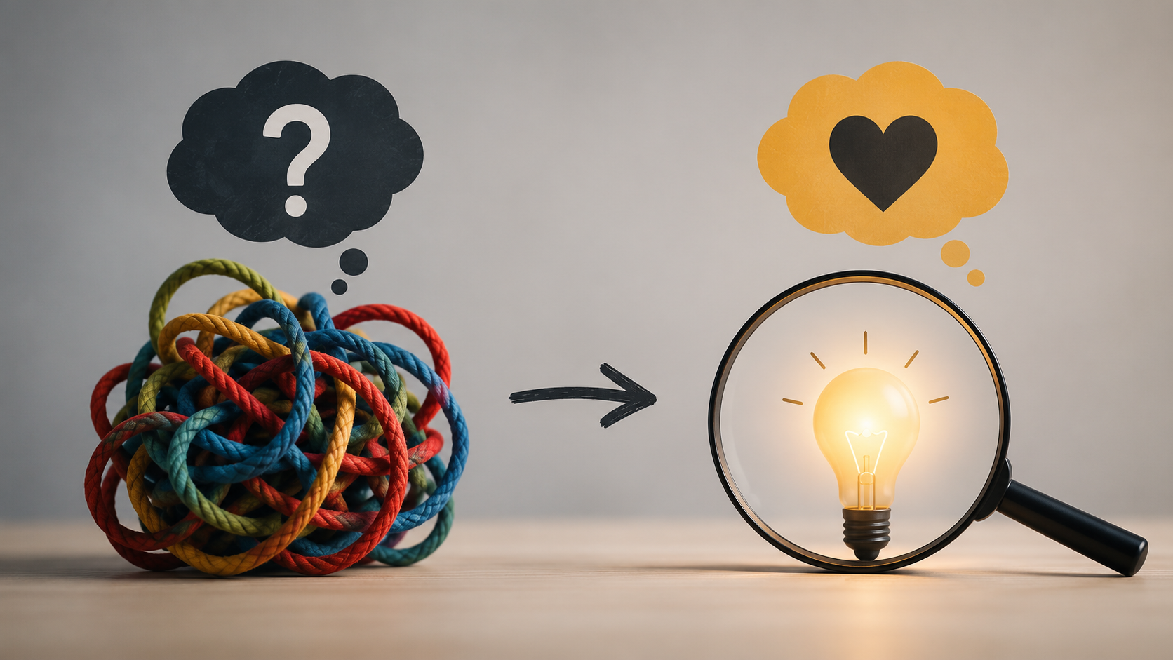 Tangled ropes with a question mark transform into a light bulb under a magnifying glass with a heart, symbolizing turning confusion into clarity and appreciation for the problem.