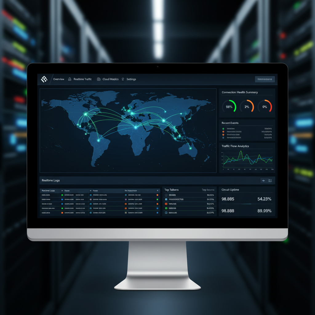 Computer monitor displaying a global network monitoring dashboard with world map connections, analytics, and system health metrics in a server room.
