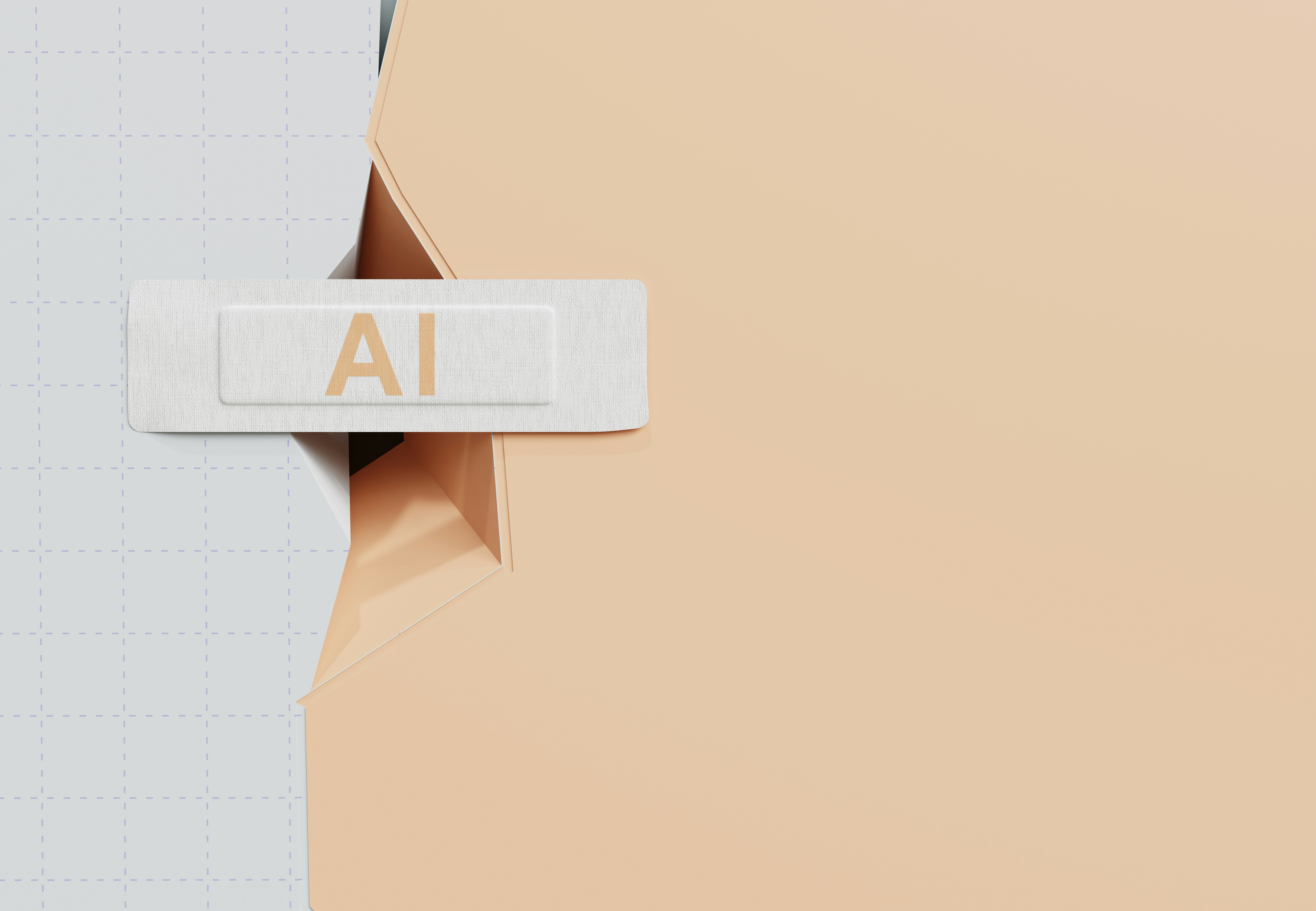 AI label emerging from a folded paper surface on a minimalist beige background.