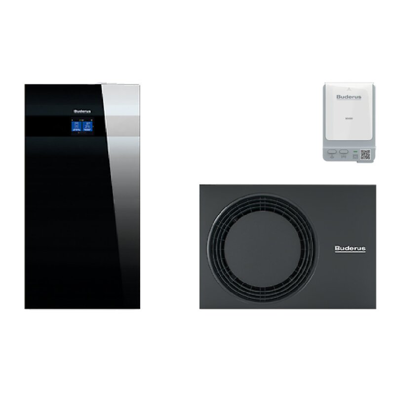 Schwarze und graue Heiz- und Lüftungssystemkomponenten der Marke Buderus auf weißem Hintergrund.