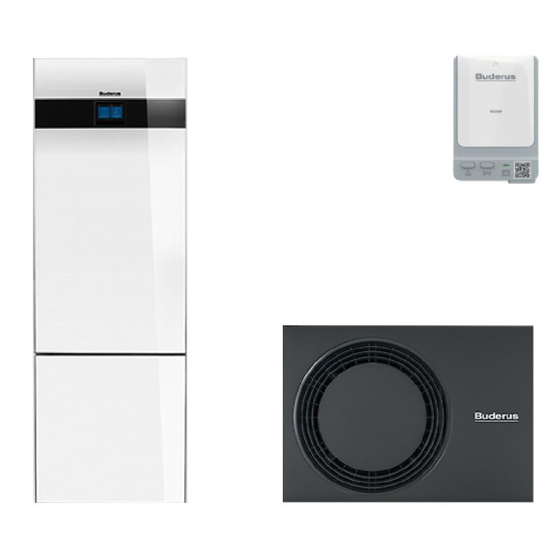 Buderus Heizsystem bestehend aus einem weißen Wärmepumpen-Innengerät, einer schwarzen Außeneinheit und einer weißen Steuerungseinheit.