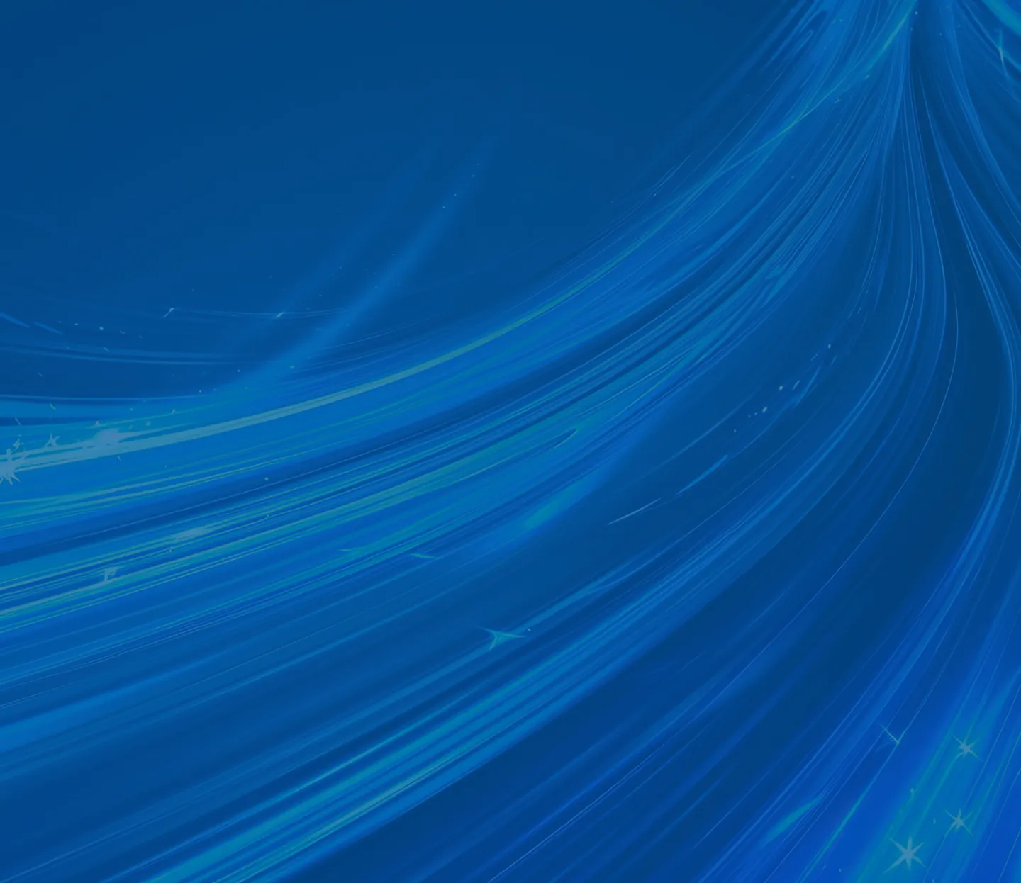 Abstract blue background with flowing light streaks and small star-like sparkles.
