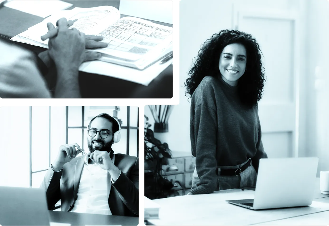 Three different pictures of people working