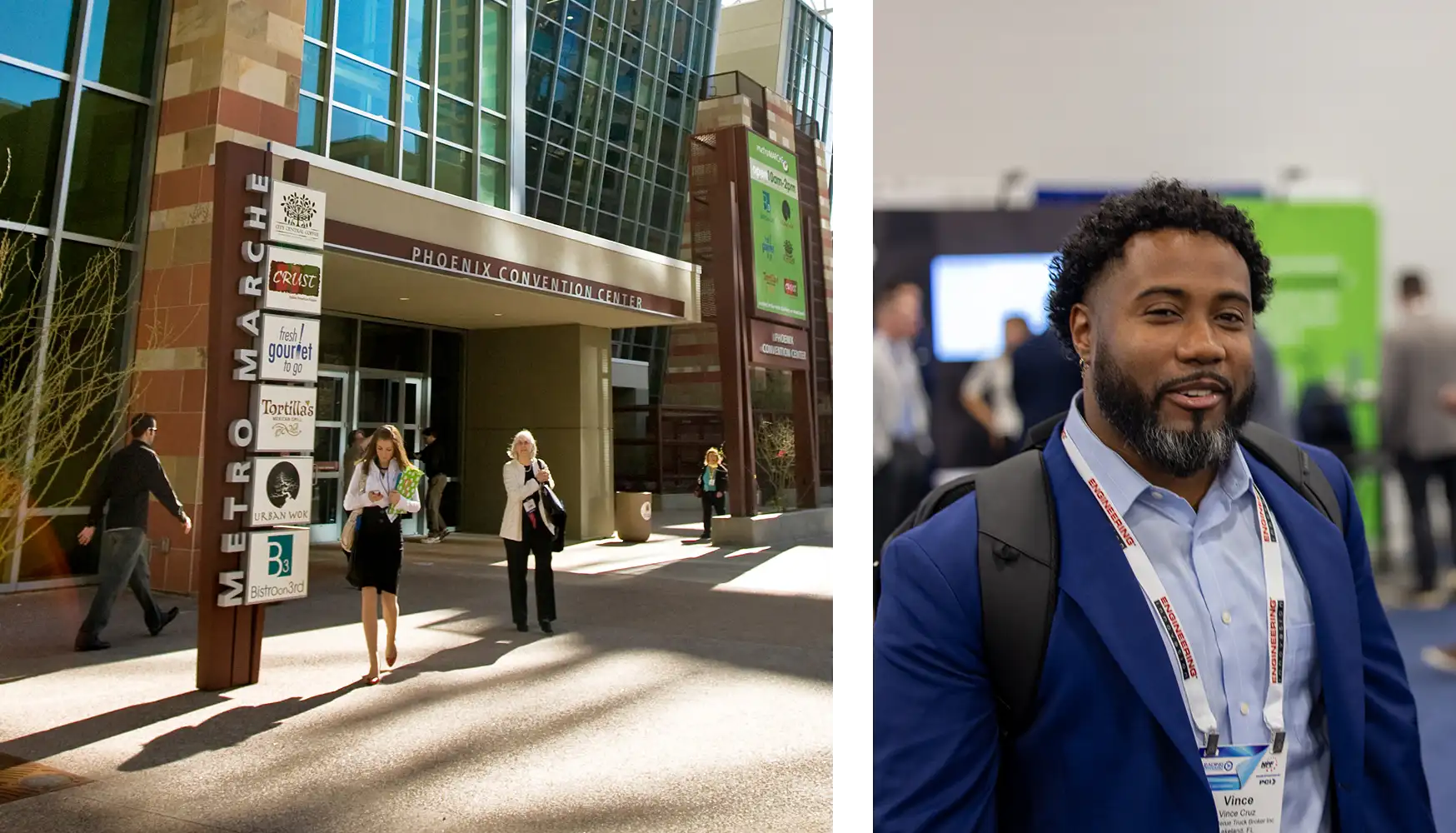 Man with a beard wearing a blue blazer and conference badge in front of an indoor event space, and people walking outside the Phoenix Convention Center on a sunny day.
