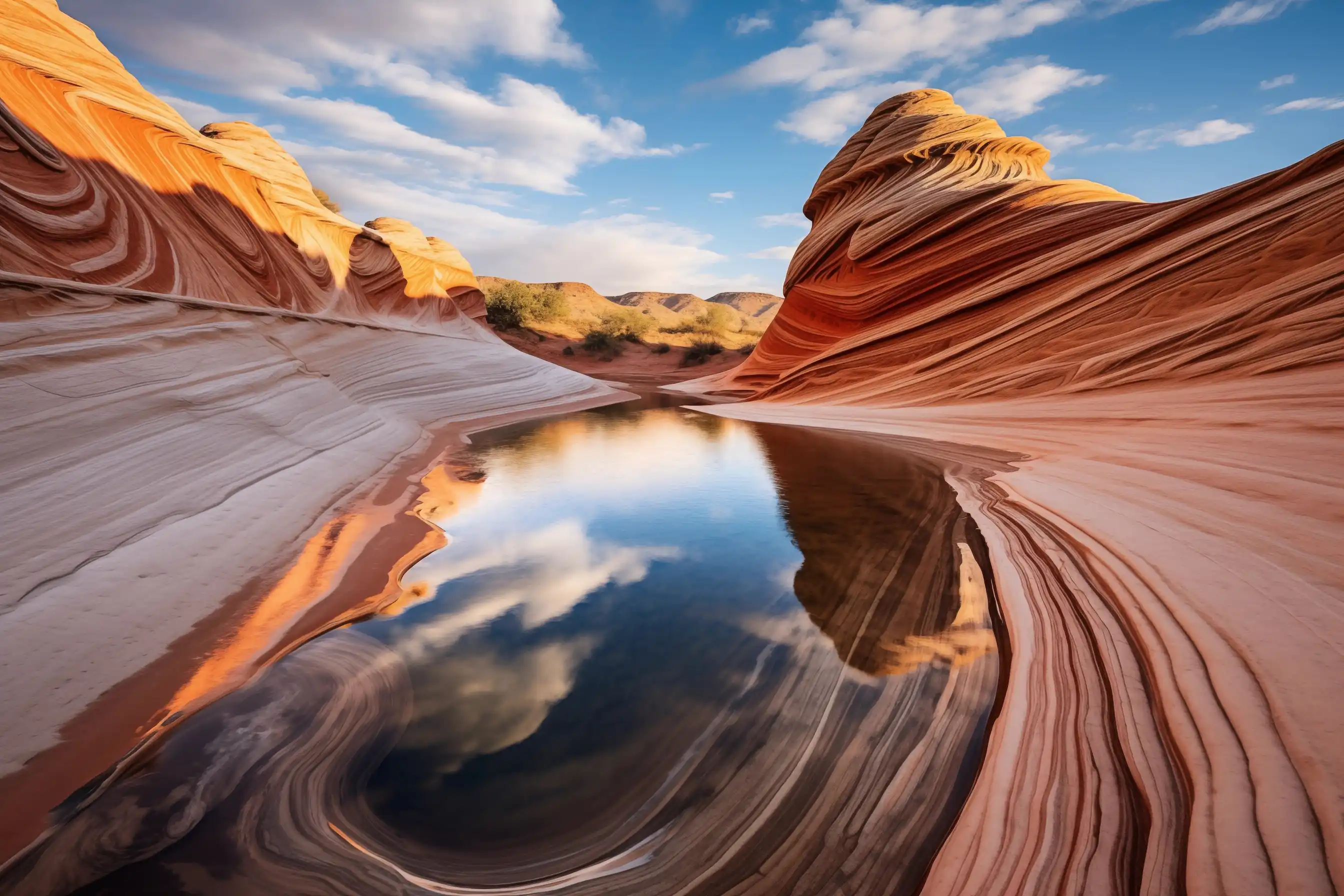 Curved, layered sandstone formations surrounding a reflective pool of water under a partly cloudy sky.