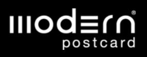 Modern Postcard logo with stylized white text on black background.