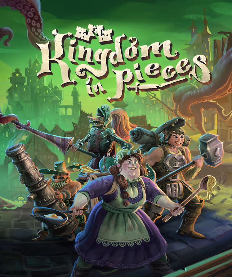 Capsule art for Kingdom in Pieces showing 4 quirky heroes battling enemies in a city while a mob of the villagers tries to join and assist the heroes. 