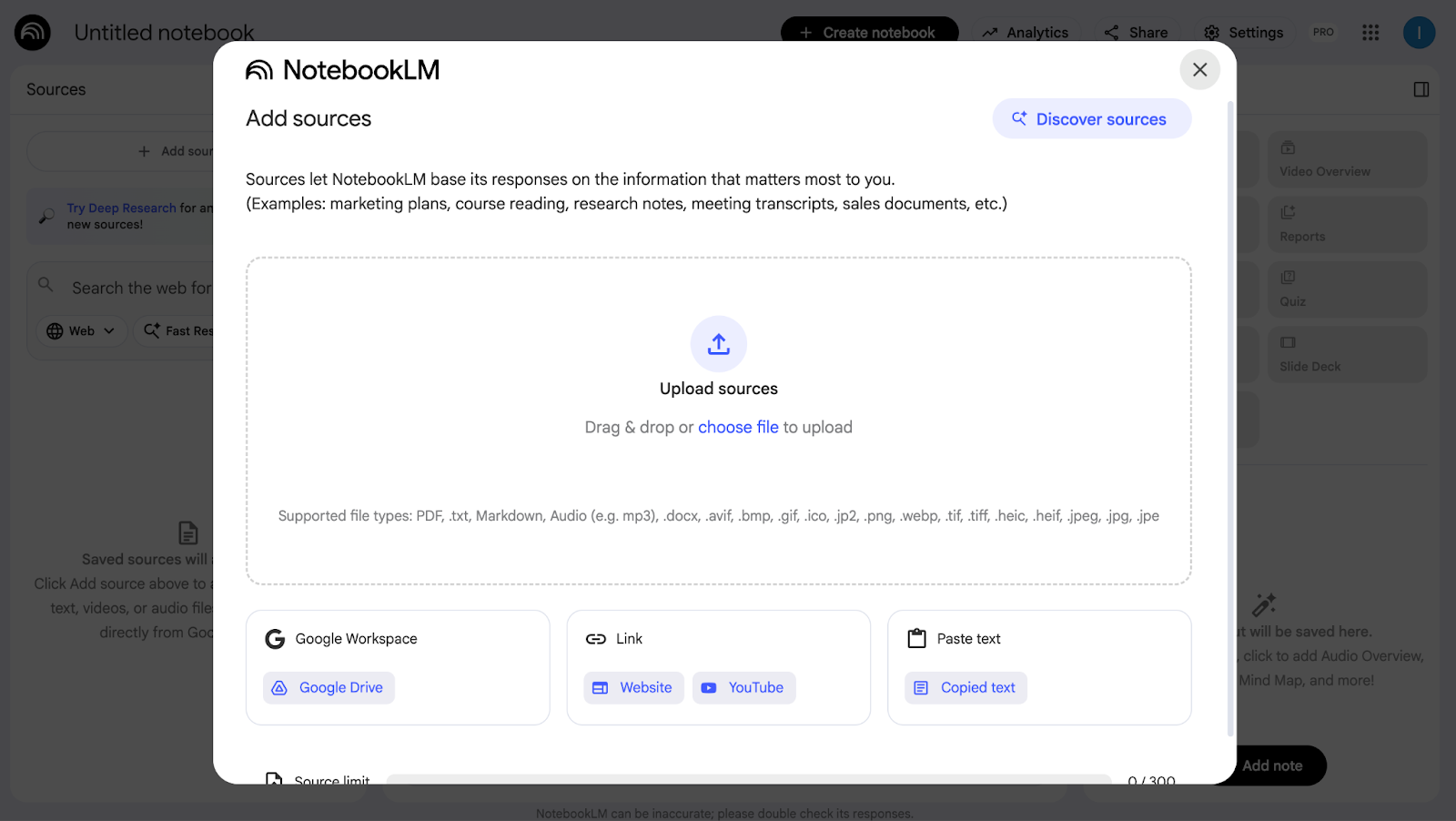Screenshot from NotebookLM, showing how they ask users to upload files