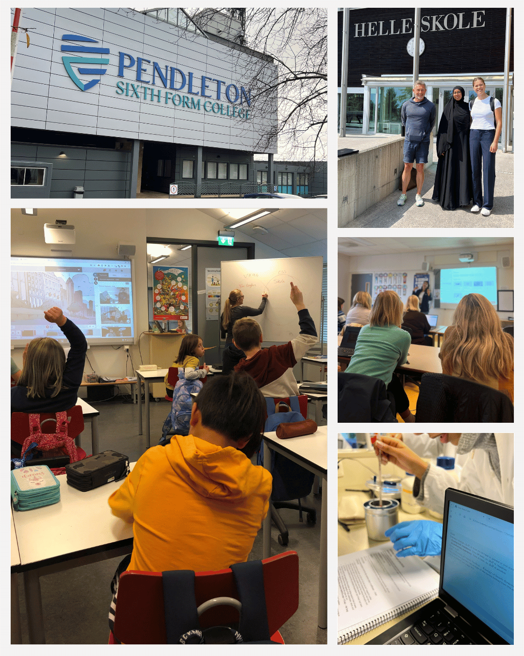 A collage with pictures of the Pendleton college, Helle school, and a few classrooms