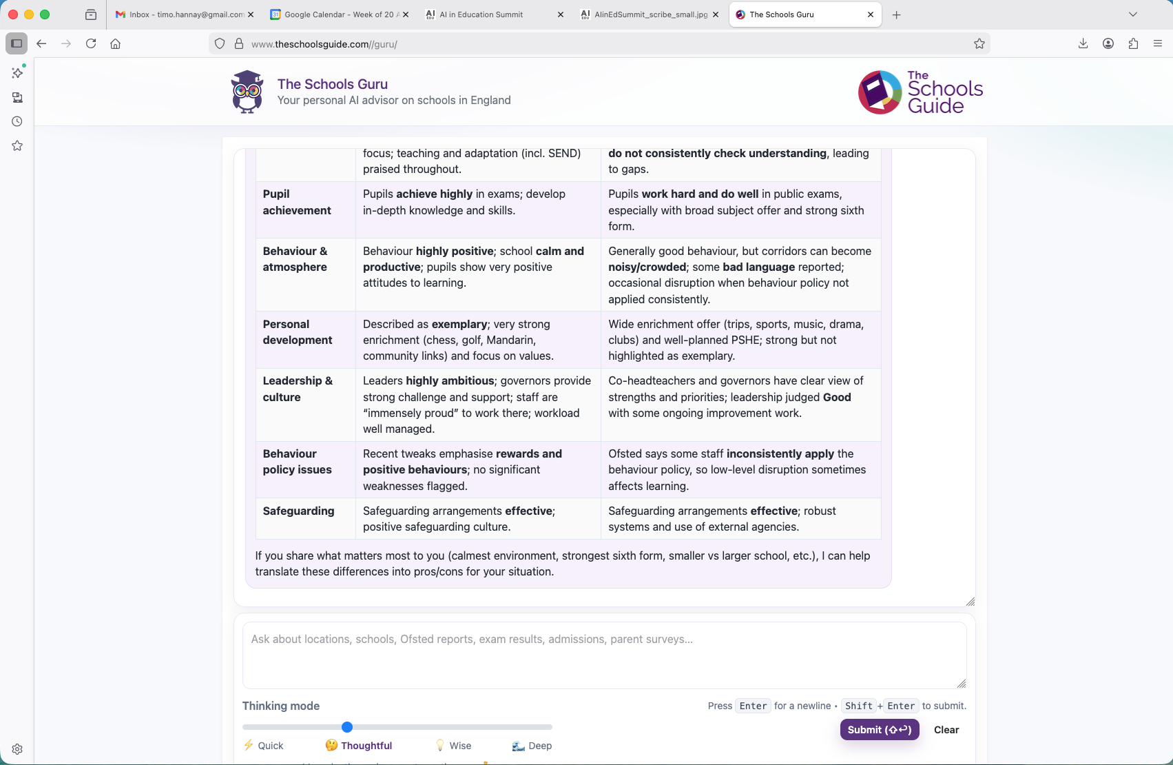 A screenshot from the Schools Guru showing how users of the Schools Guide can use AI