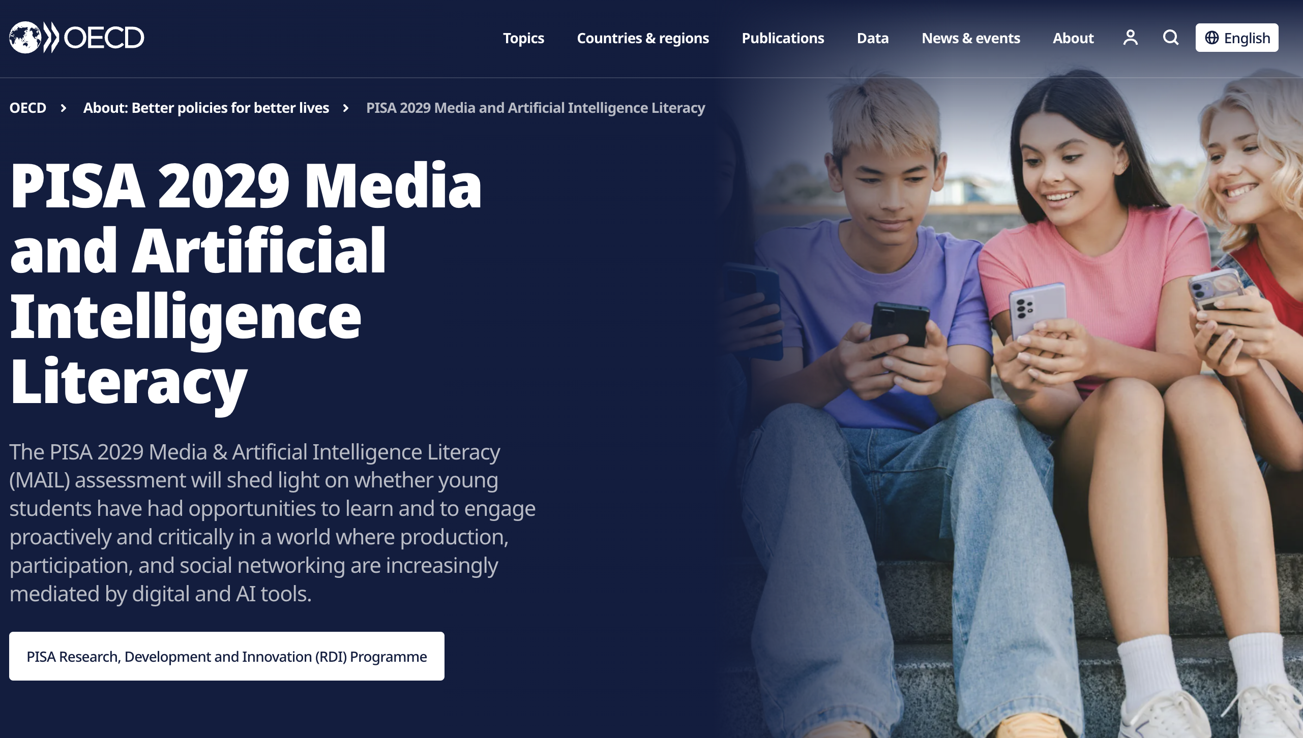 A screenshot from OECD's website saying "PISA 2029 Media and AI Literacy"