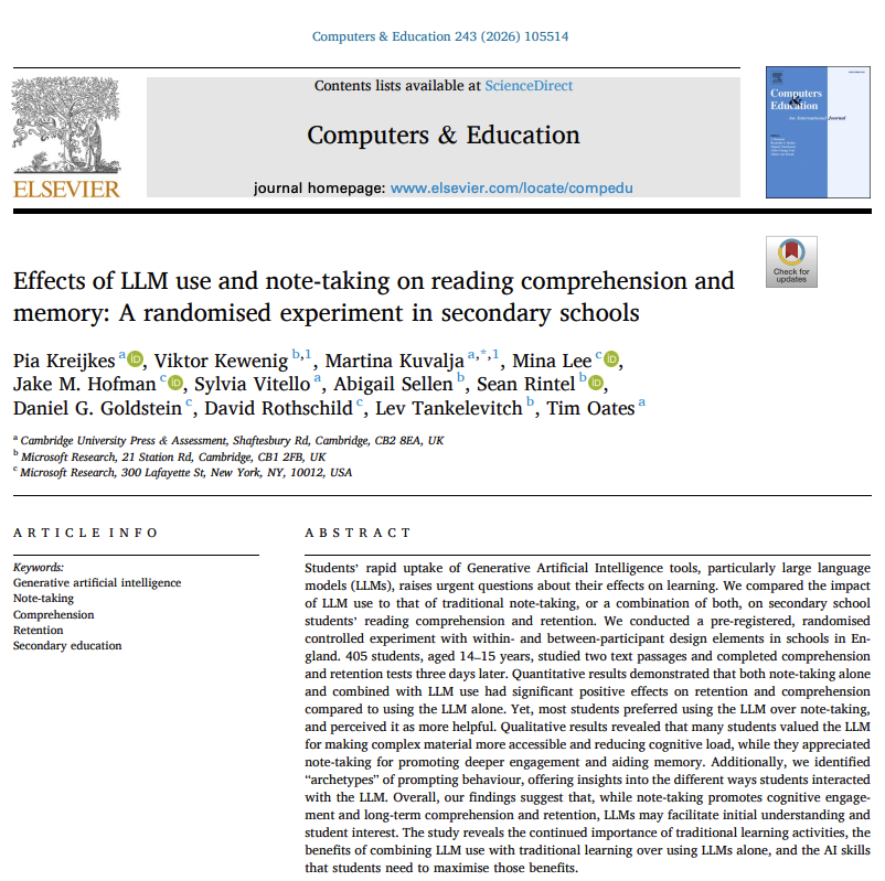 Screenshot of First page of the study on the effects of LLM use and note-taking by the Cambridge University Press and Assessment and Microsoft Research Team