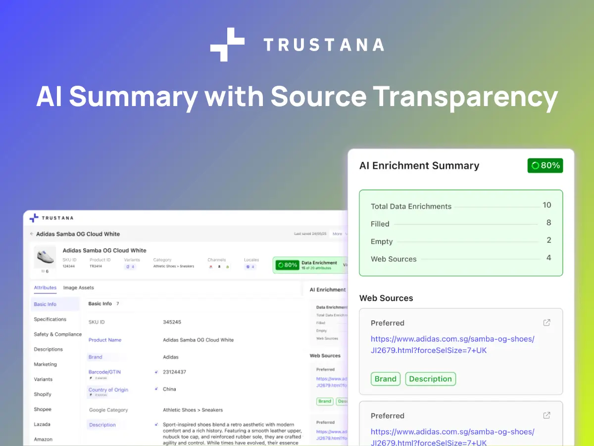 AI Summary with Source Transparency gives retailers full source visibility, faster QA, and scalable enrichment control.