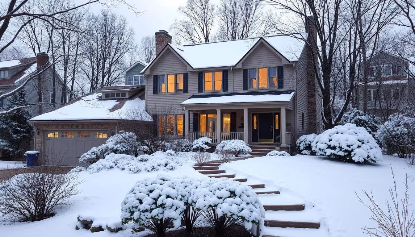 New York winter home with snow showing importance of proper insurance coverage