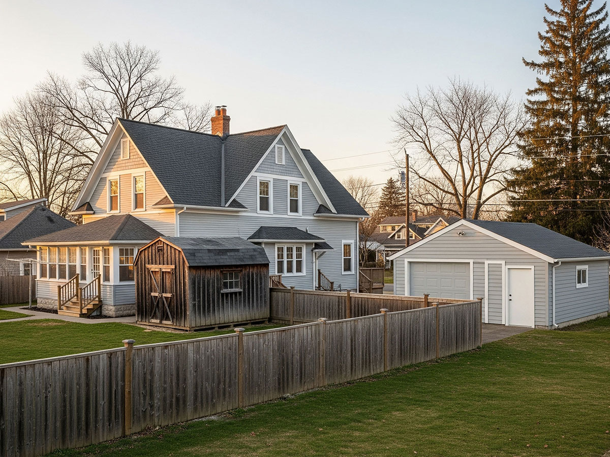 A house with a detached shed, fence, and garage in a yard.