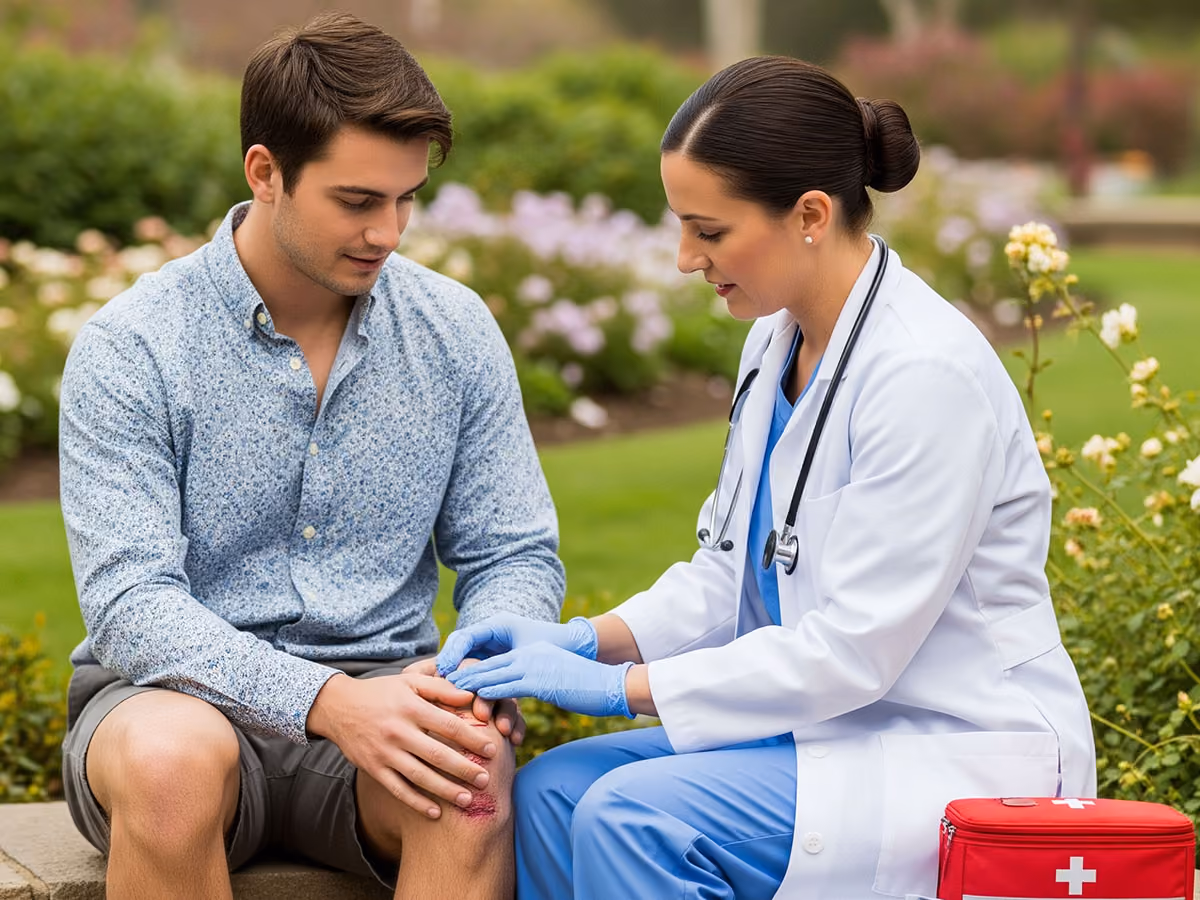 A nurse attending to a man's scraped knee outdoors.