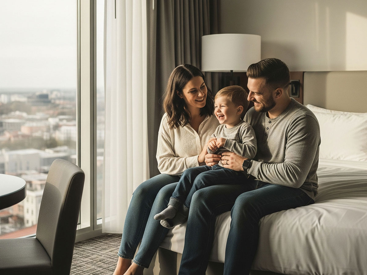 A family with a child happily sitting on a hotel bed.
