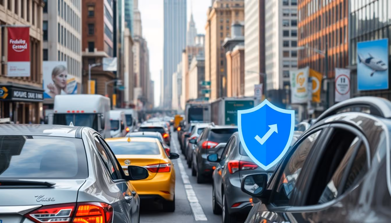Busy New York City street with traffic and digital security shield overlay