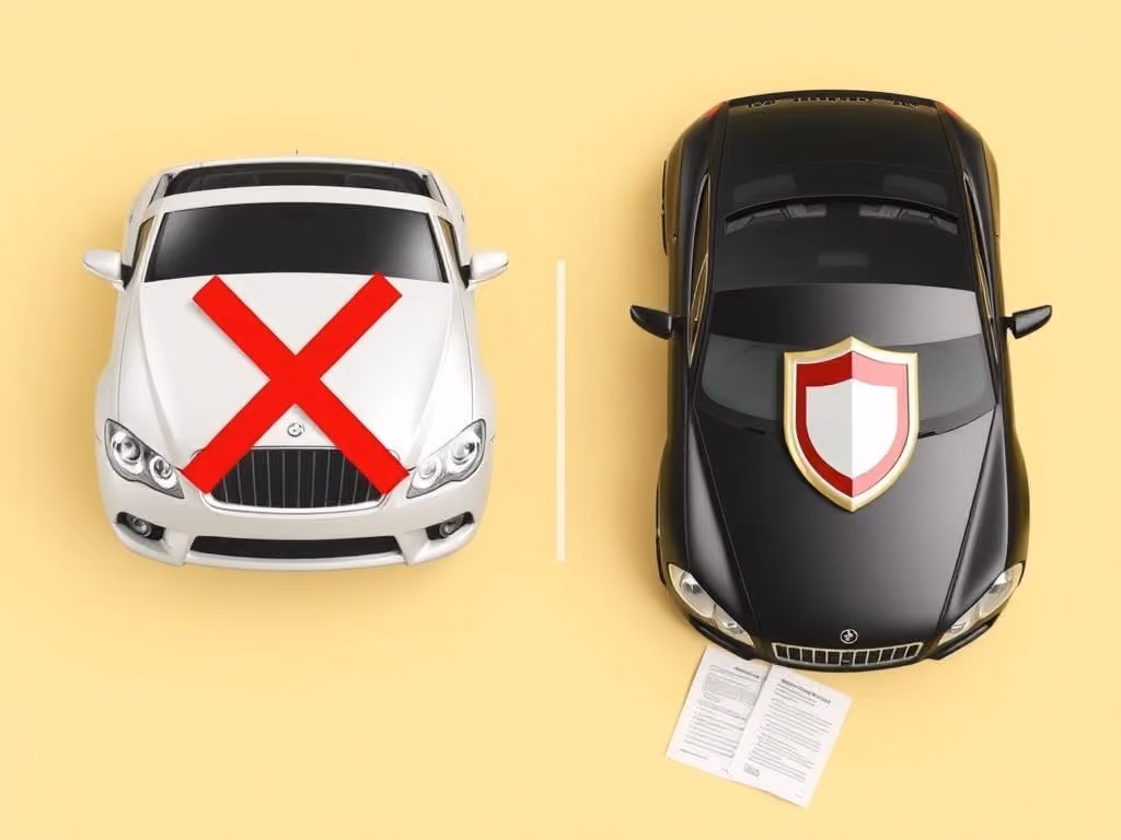 Two cars, one with a red X and one with a shield, representing insurance concept