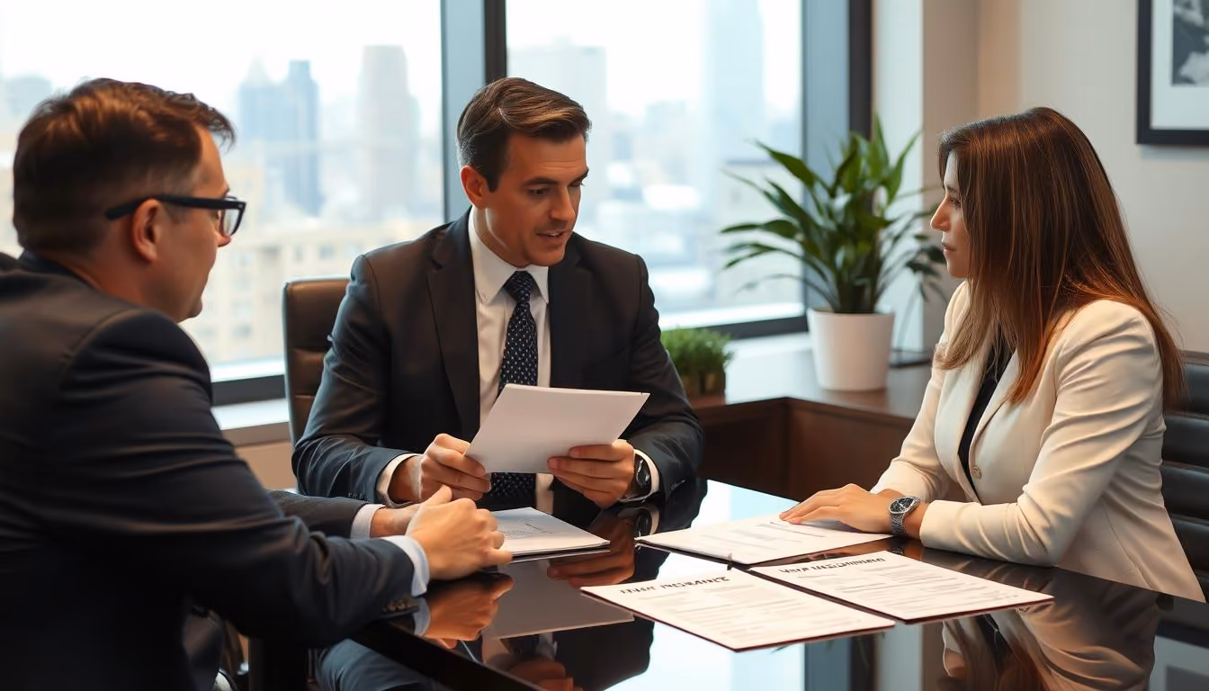 Business professionals in meeting discussing documents in modern office