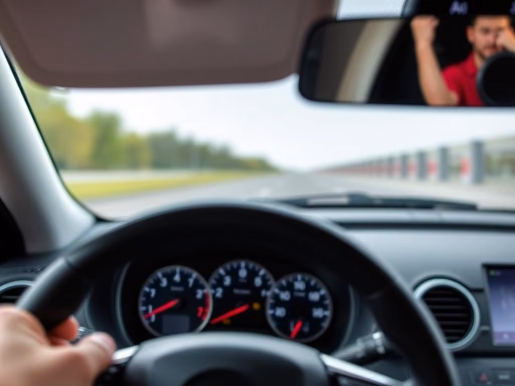 Driver's view of dashboard and highway with reflection in rearview mirror