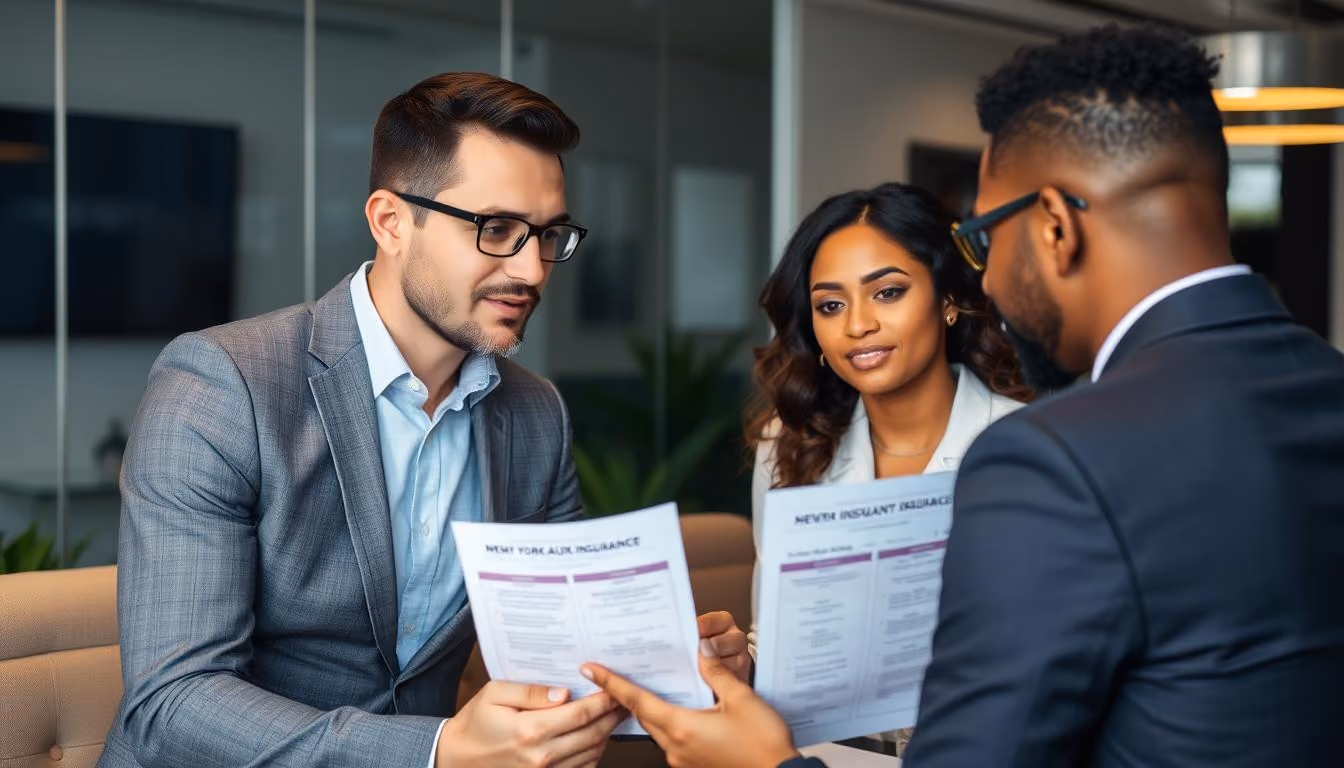 Business professionals discussing insurance documents in modern office
