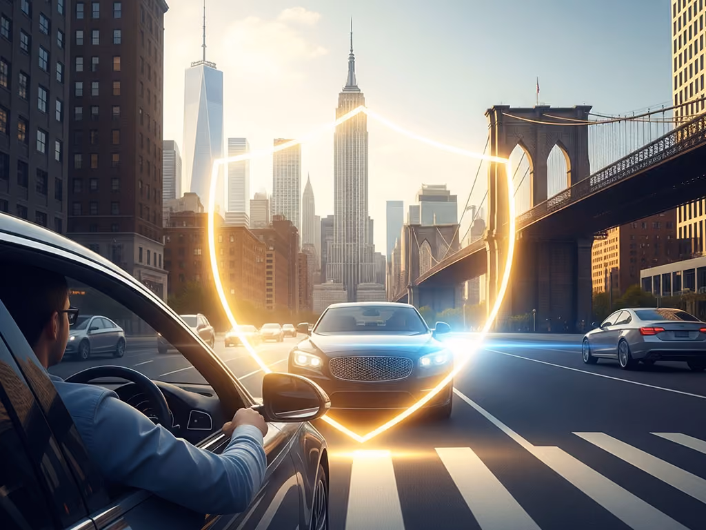 City street view with cars, featuring a glowing shield outline in front of a black car symbolizing protection.