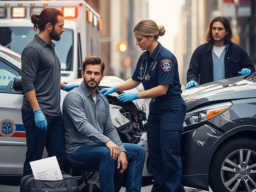 Paramedic attending to a man sitting with a concerned friend nearby, in front of two crashed cars with emergency lights flashing.