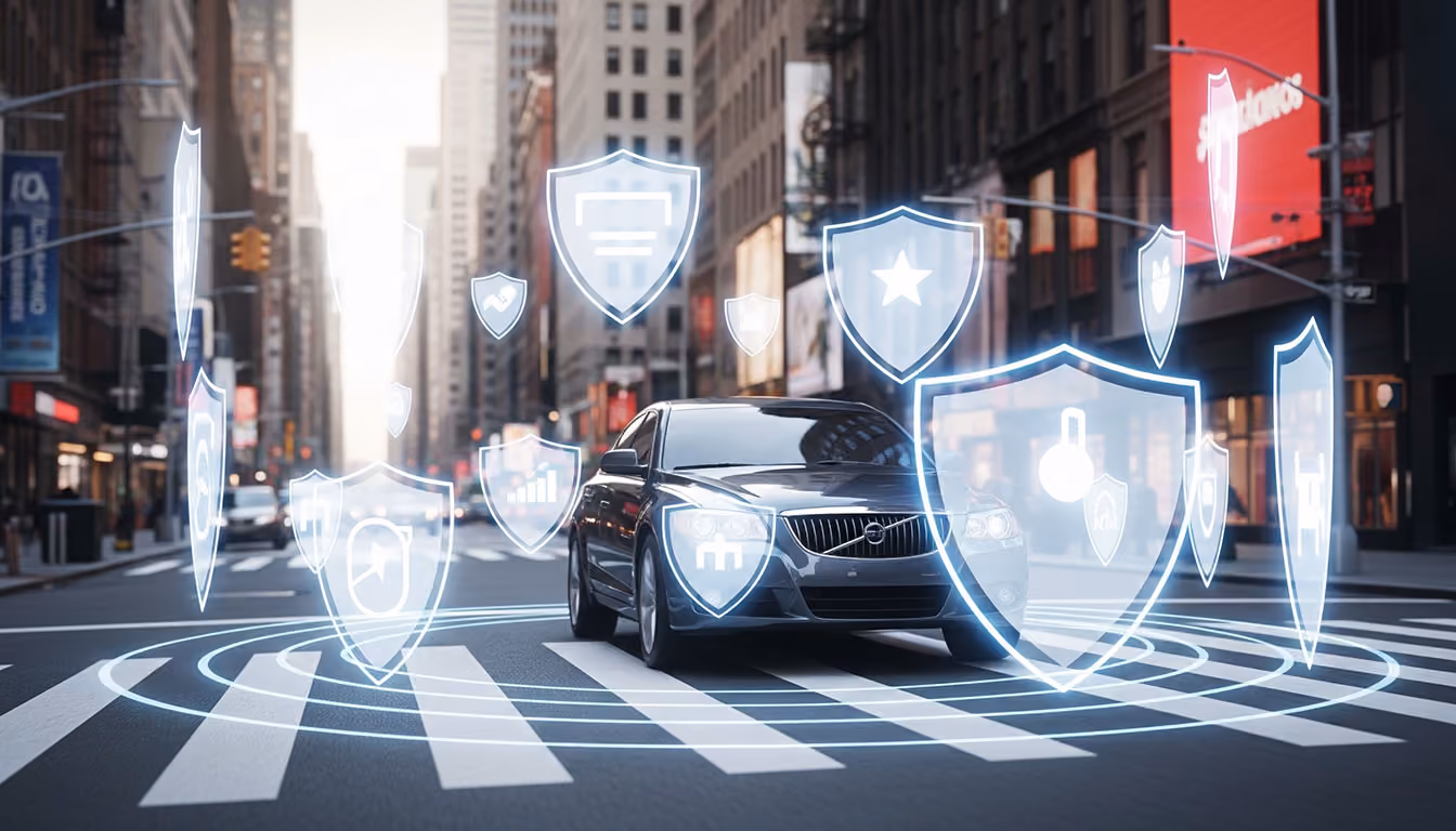 Black sedan on city street surrounded by glowing shield icons representing car insurance and safety features.