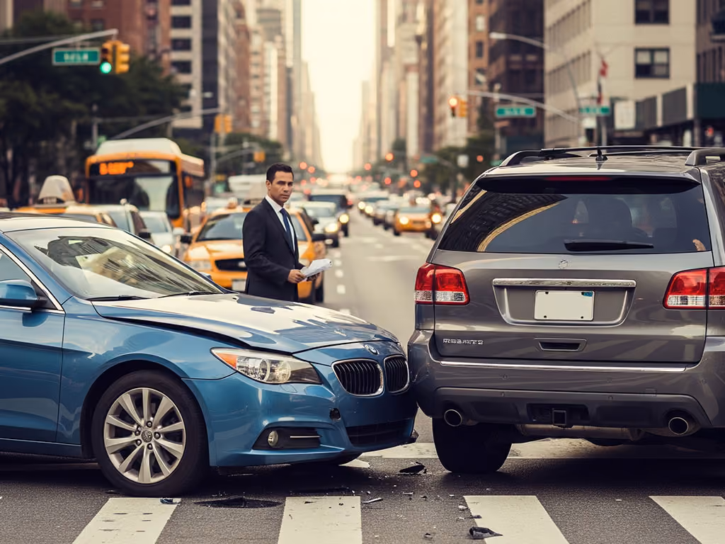 Blue sedan and gray SUV involved in a minor front-end collision on a city street with a man in a suit holding papers nearby.