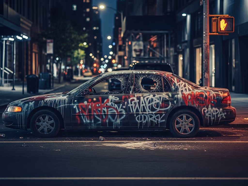 Old sedan covered in colorful graffiti and with shattered windows parked on a city street at night.
