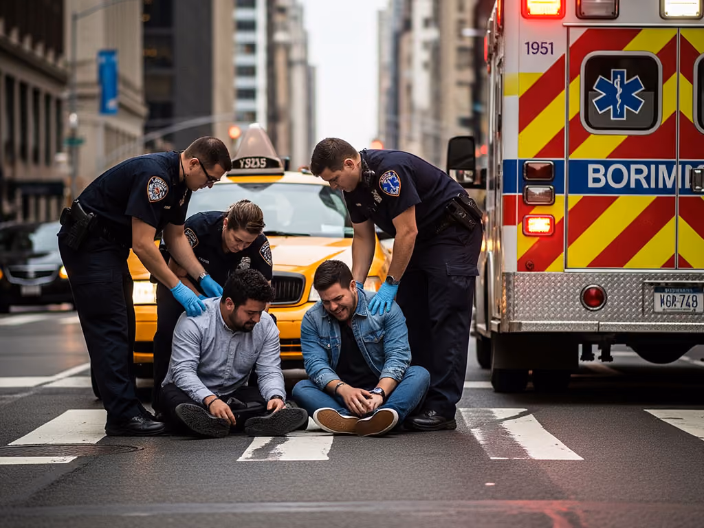 Two men sitting on a crosswalk receiving assistance from three police officers wearing blue gloves, with a yellow taxi and an emergency vehicle in the background.
