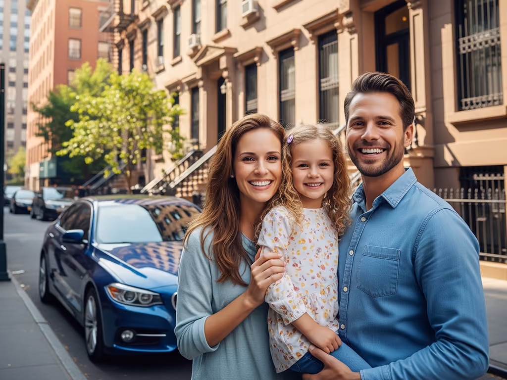 Smiling family of three standing on a city sidewalk in front of a blue car parked by brownstone buildings.