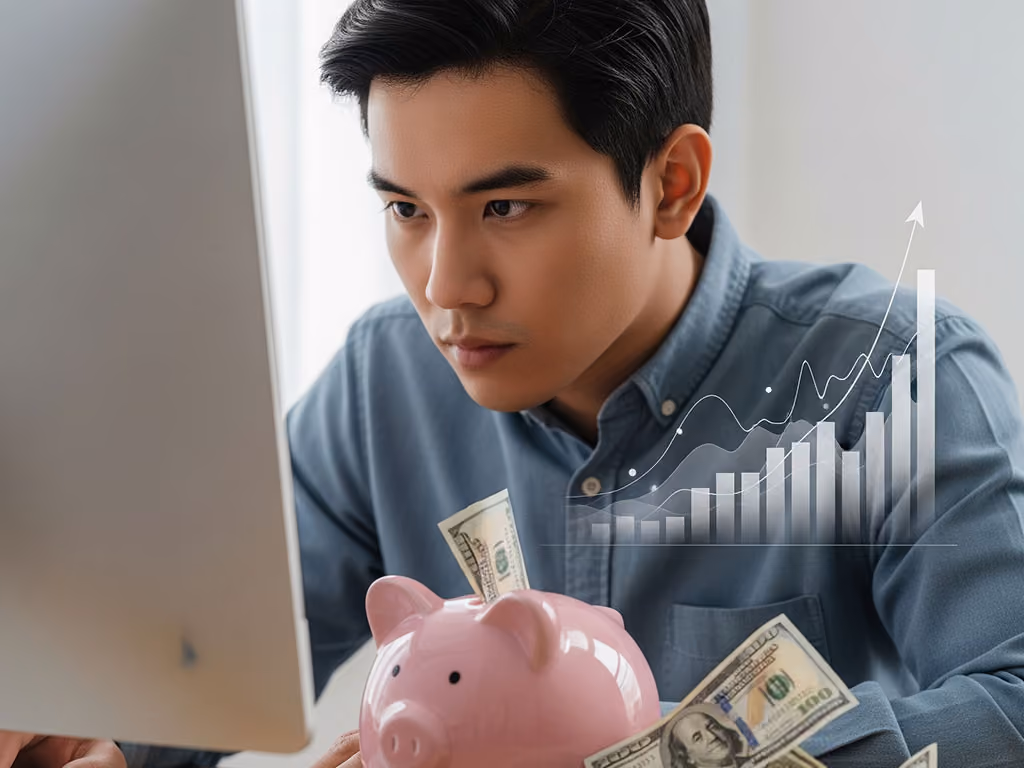 Man in blue shirt focused on computer screen with a pink piggy bank and hundred-dollar bills, overlaid with a rising bar graph.