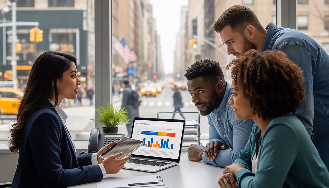 Businesswoman presenting data on a tablet to three colleagues leaning over a desk with a laptop showing colorful bar charts in an urban office.