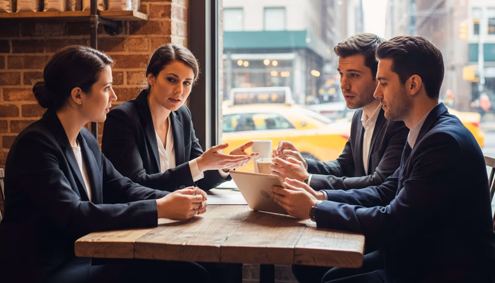 Group of colleagues meeting at a café table