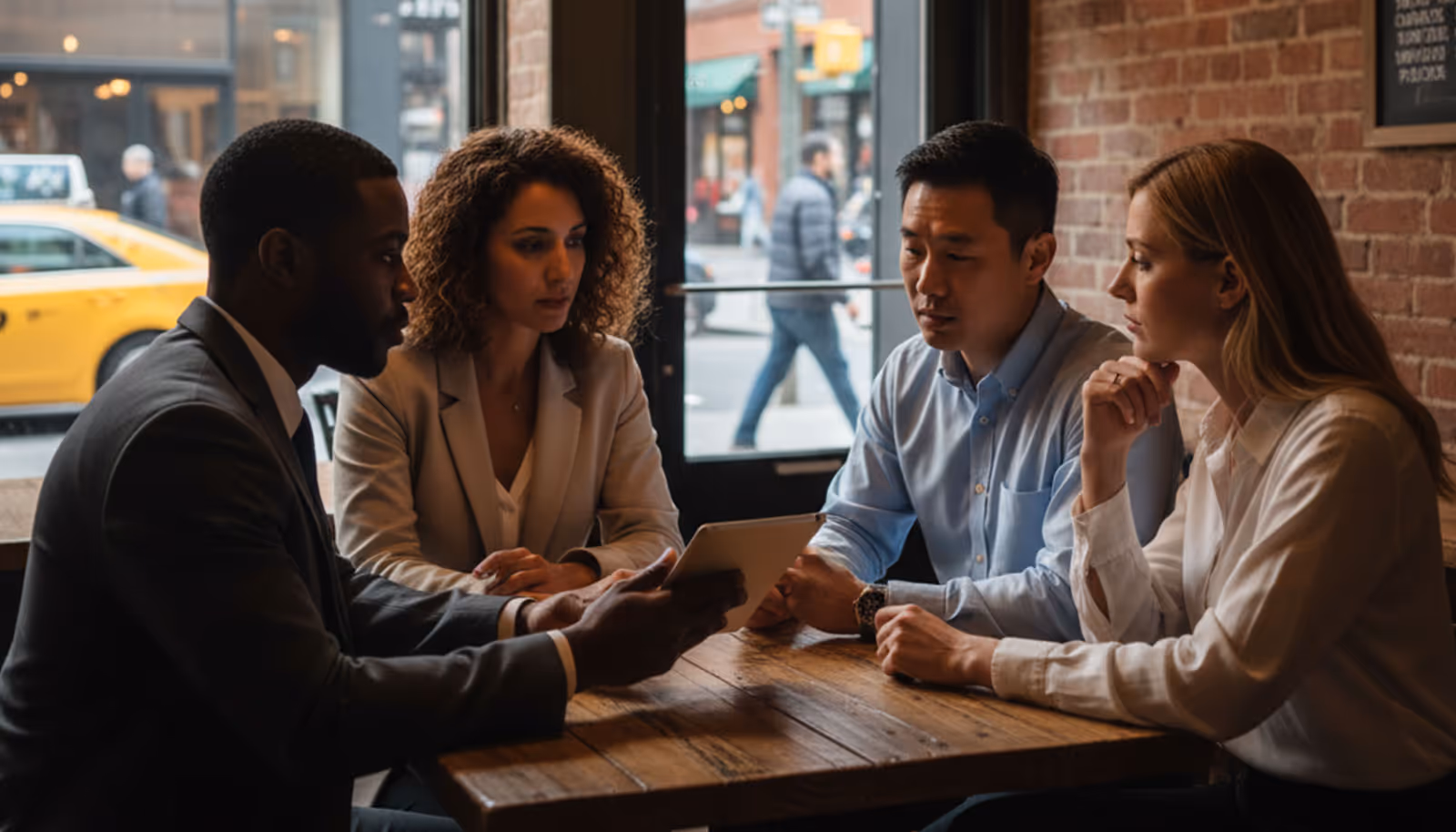 Team of diverse coworkers discussing strategy at a table