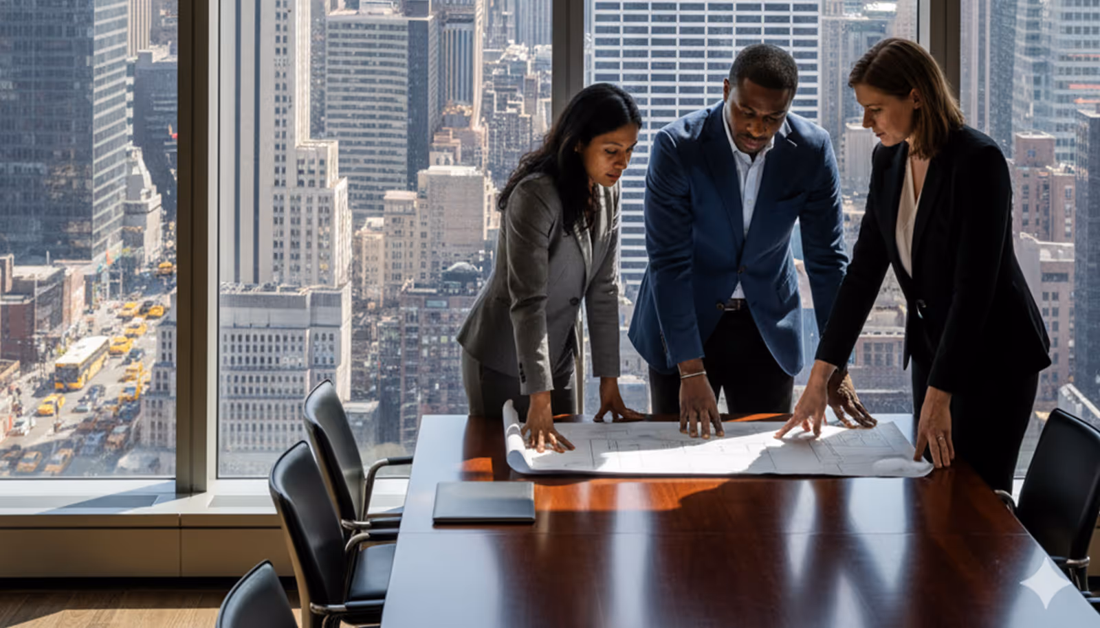 Executives reviewing charts in a high-rise office