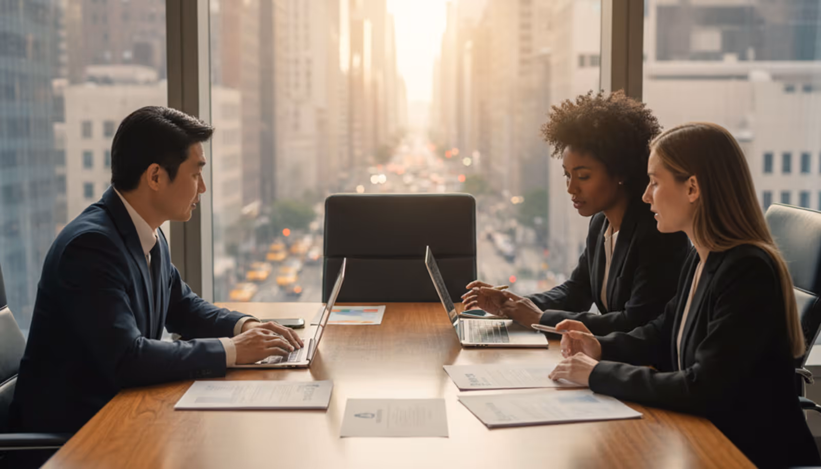 Colleagues working together at a desk with sunlight