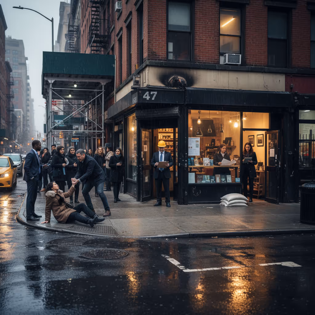 Busy city street with professionals walking under rain
