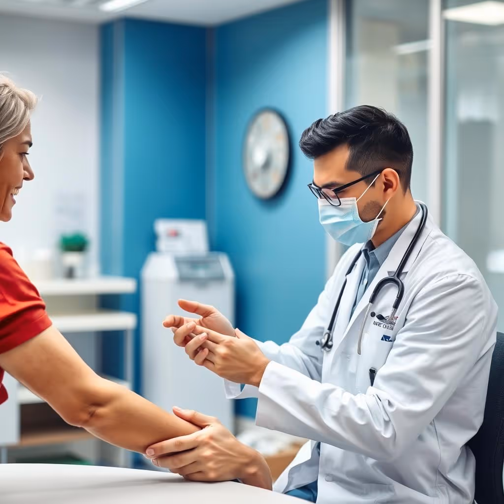 Male doctor wearing a mask and white coat examining a female patient's arm in a medical office.