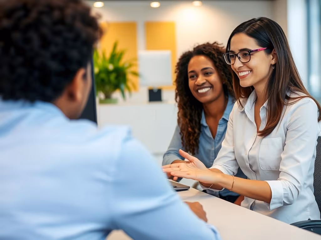 Two women smiling and talking with a man across a desk in an office setting.