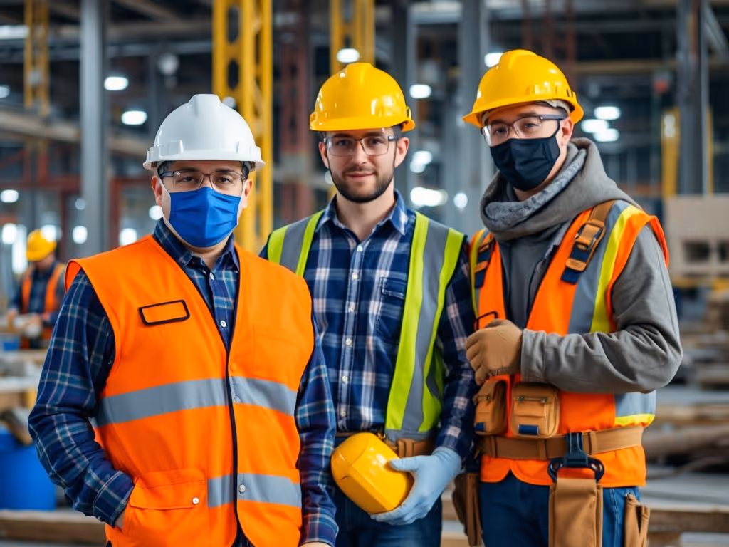 Three construction workers wearing safety helmets, glasses, and reflective vests standing in an industrial setting.