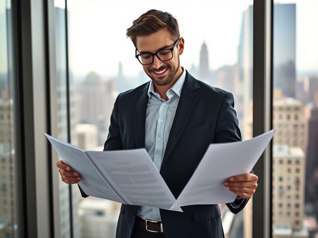 Smiling man in dark suit and glasses reading documents in an office with city skyline visible through large windows.