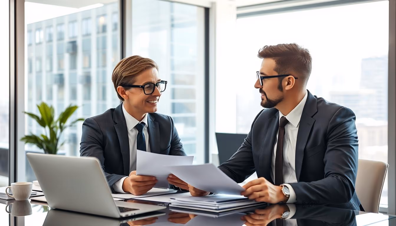 Two business professionals in suits discussing documents at a modern office desk with a laptop.