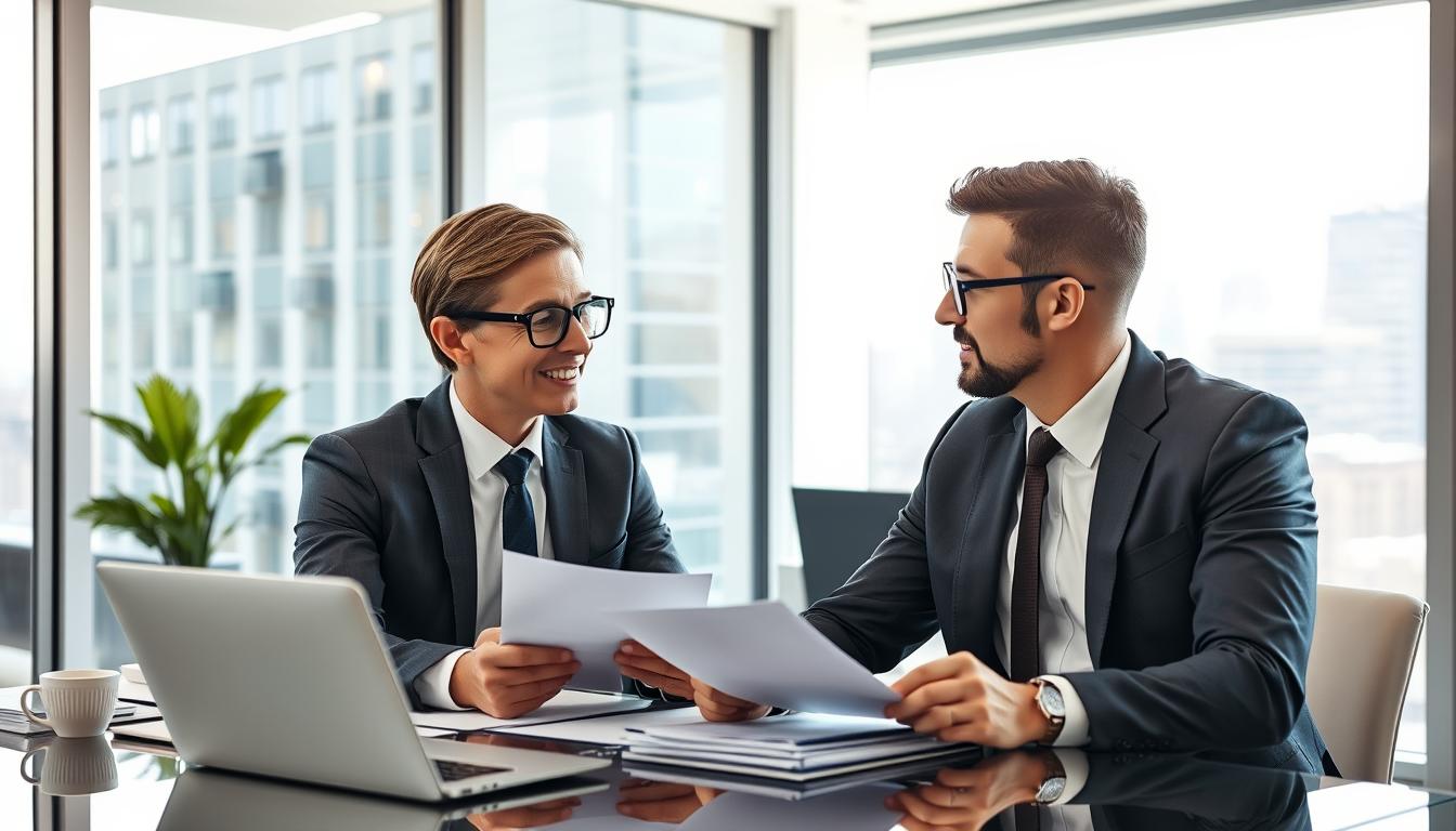 Two business professionals in suits discussing documents at a modern office desk with a laptop.